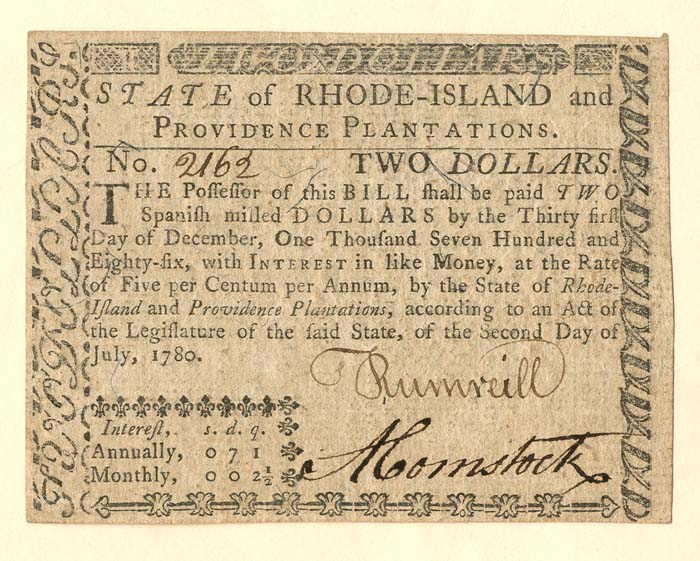 Colonial Currency - FR RI-283 - July 2, 1780 - Paper Money